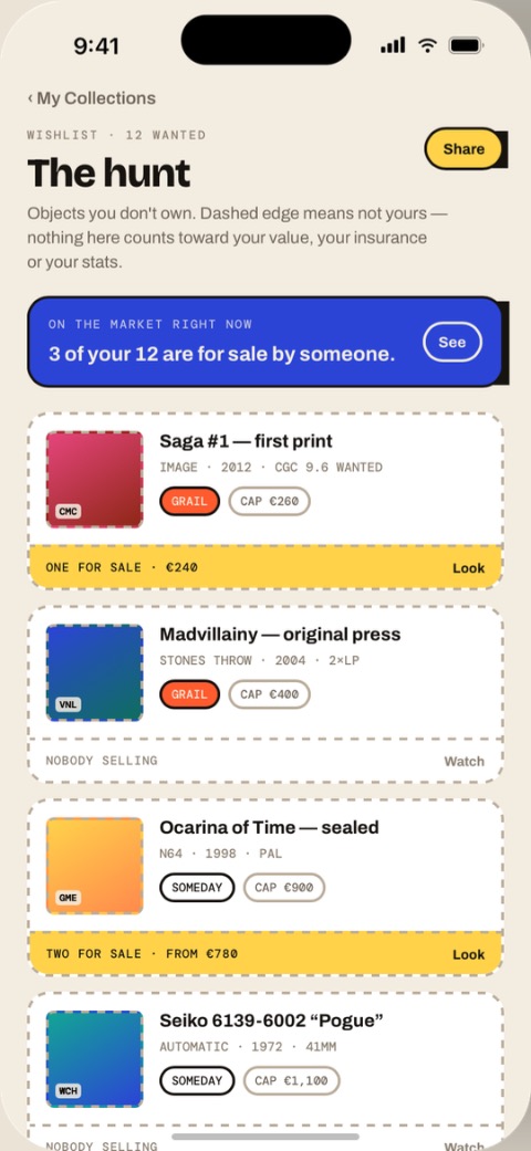 CLCTN — wishlist screen